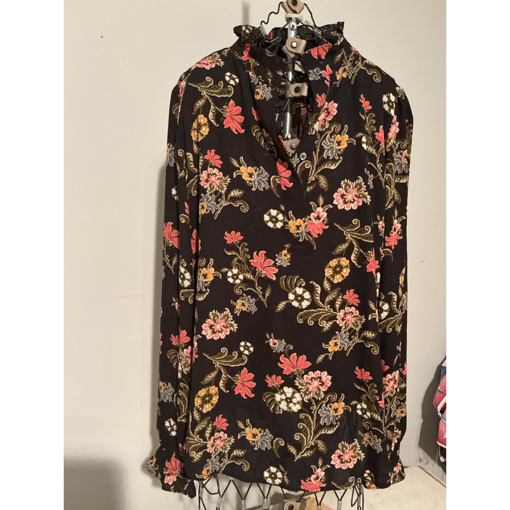 LOFT Womens Black Floral Ruffle High Neck Long Sleeve Blouse Size M